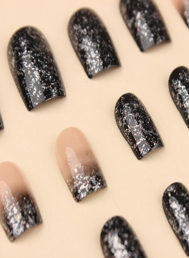 SINHOT Square Press on Nails Medium Fake Nails Glossy Glue on Nails Bling Glitter Acrylic Nails Squoval Artificial Nails Black Gradient Stick on False Nails with Design 24 pcs - Image 4